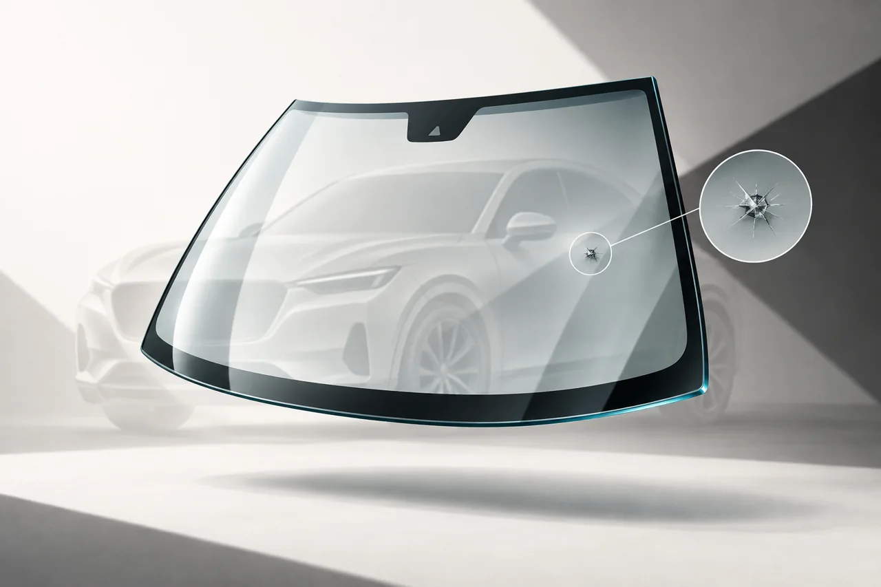Conceptual illustration of windshield glass and a magnified chip
